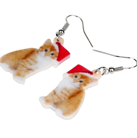 Yellow Tabby Marmalade Kitten Christmas Earrings Santa Hat Kittens Kitty Cat New - Picture 2 of 6